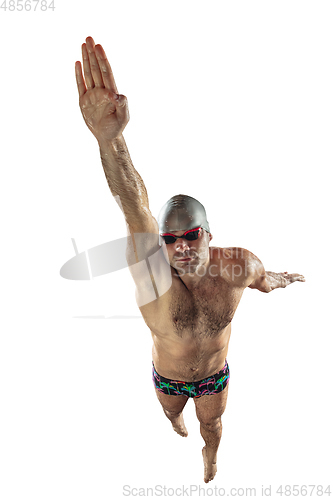 Image of Professional male swimmer with hat and goggles in motion and action, healthy lifestyle and movement concept