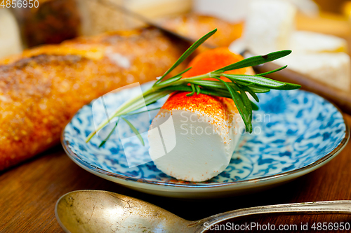 Image of French cheese and fresh  baguette on a wood cutter