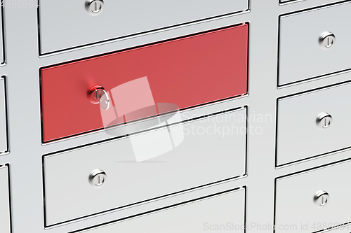 Image of Key on the red bank safety deposit box
