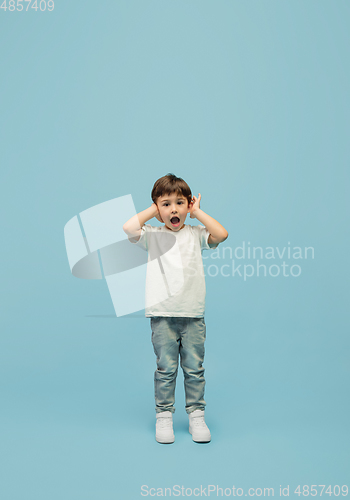 Image of Happy caucasian little boy isolated on blue studio background. Looks happy, cheerful, sincere. Copyspace. Childhood, education, emotions concept