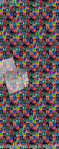 Image of Collage of faces of surprised people on multicolored backgrounds. Happy men and women smiling. Human emotions, facial expression concept.