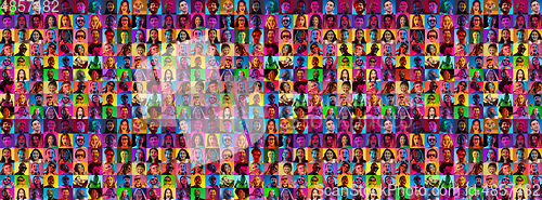 Image of Collage of faces of surprised people on multicolored backgrounds. Happy men and women smiling. Human emotions, facial expression concept.