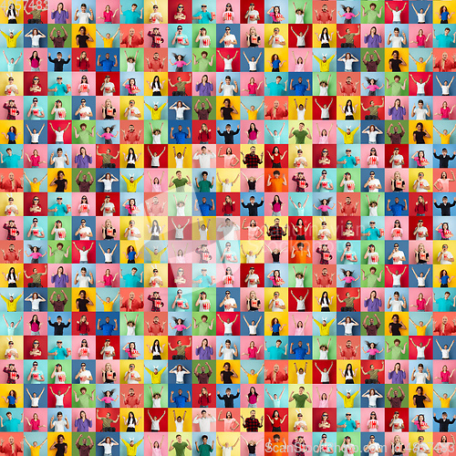 Image of Collage of faces of happy people on multicolored backgrounds. Happy men and women smiling. Human emotions, facial expression concept.