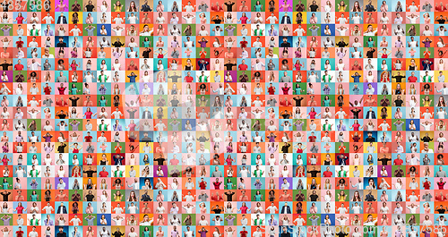 Image of Collage of faces of surprised people on multicolored backgrounds. Happy men and women smiling. Human emotions, facial expression concept.