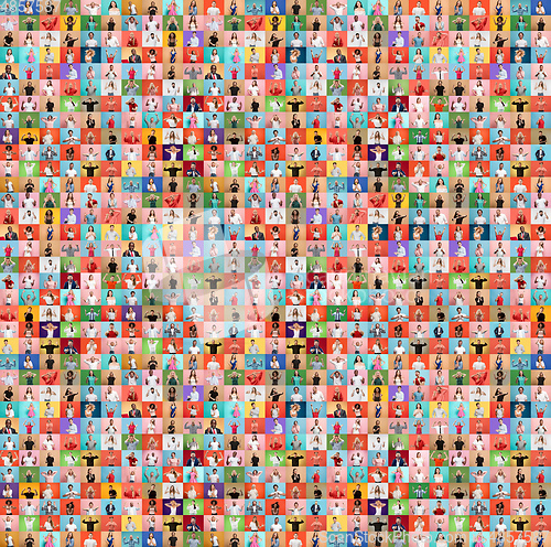 Image of Collage of faces of surprised people on multicolored backgrounds. Happy men and women smiling. Human emotions, facial expression concept.