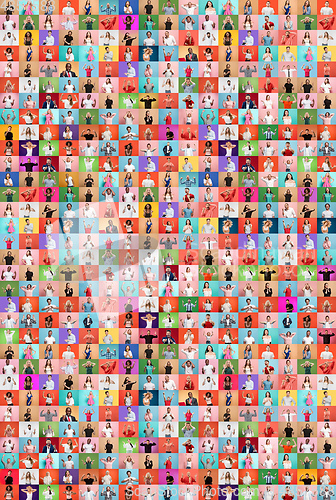 Image of Collage of faces of surprised people on multicolored backgrounds. Happy men and women smiling. Human emotions, facial expression concept.