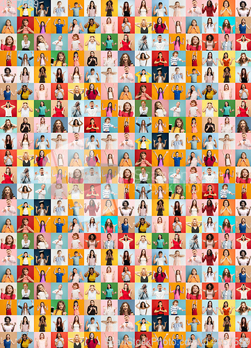 Image of Collage of faces of surprised people on multicolored backgrounds. Happy men and women smiling. Human emotions, facial expression concept.