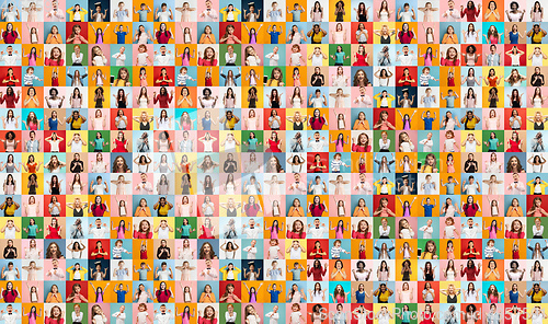Image of Collage of faces of surprised people on multicolored backgrounds. Happy men and women smiling. Human emotions, facial expression concept.