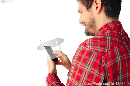 Image of Close up of man using mobile smartphone isolated on white studio background