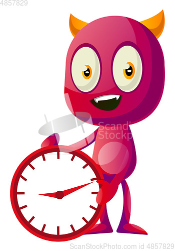Image of Devil with big clock, illustration, vector on white background.