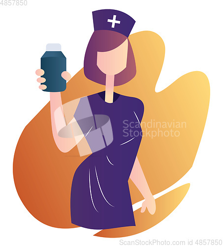 Image of Nurse in purple medical suit holding a medicine bottle vector il