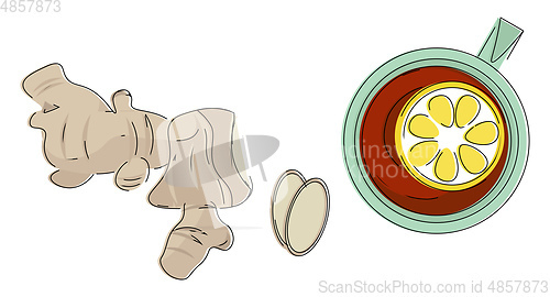 Image of Clipart of few pieces of ginger and a cup of lemon tea vector or