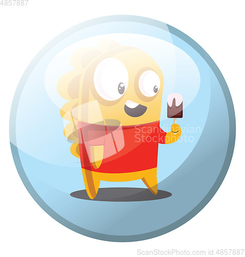 Image of Cartoon character of yellow monster in red shirt eating an icecr