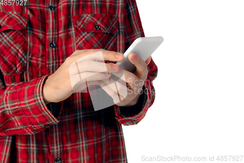 Image of Close up of man using smartphone isolated on white studio background