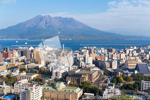 Image of Japan city skyline with Sakurajima Volcano