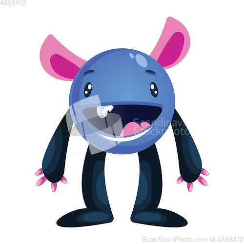 Image of Happy blue cartoon monster with big arms and legs and pink ears 