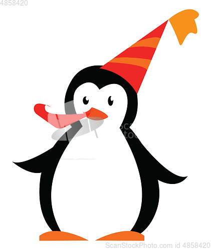Image of A penguin enjoying a birthday party with its hat and horn vector