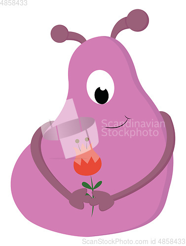 Image of Pink smiling one-eyed blob monster holding a red flower vector i