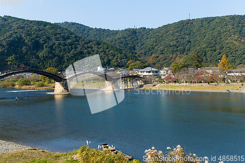 Image of Wooden Arched pedestrian Kintai Bridge in Japan