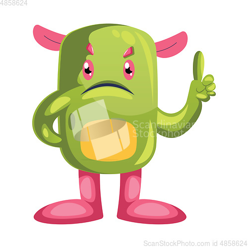 Image of Angry green cartoon monster with pink ears and legs white backgr