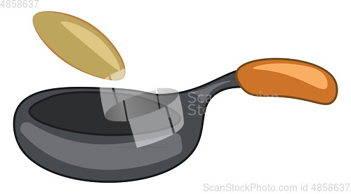 Image of An iron frying pan with brown handle and a pan cake flipped to t
