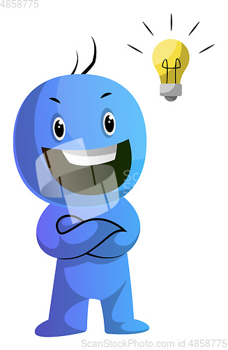 Image of Smiling blue caracter with a lightbulb illustration vector on wh