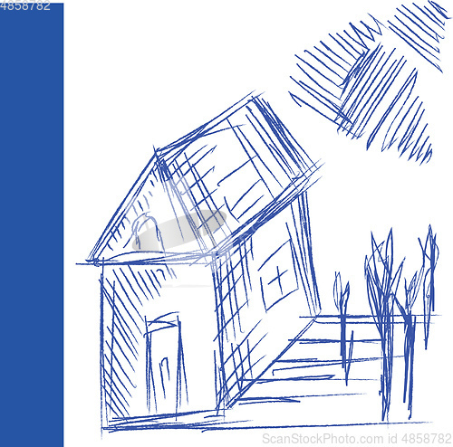 Image of A blue pencil drawing of a house and trees vector or color illus