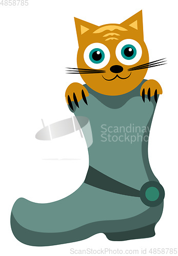 Image of Painting of a funny cat peeping out of the blue boots vector or 