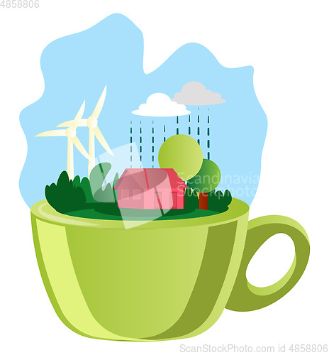 Image of Illustration of a green cup and nature on top illustration vecto
