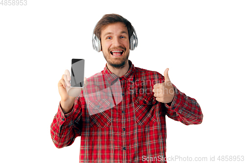 Image of Man using smartphone isolated on white studio background