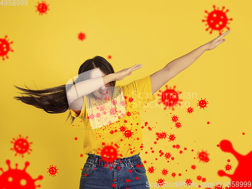 Image of How to sneezing right - caucasian woman dabbing, stop epidemic