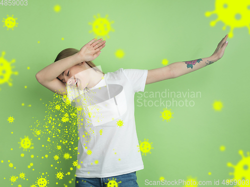 Image of How to sneezing right - caucasian woman dabbing, stop epidemic