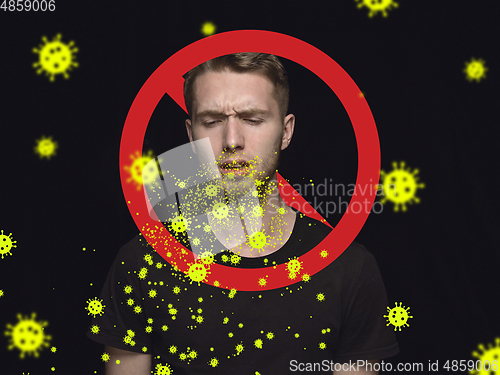 Image of Coughting, sneezing - caucasian man feeling sick, stop epidemic