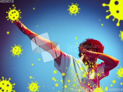 Image of How to sneezing right - caucasian man dabbing in neon, stop epidemic
