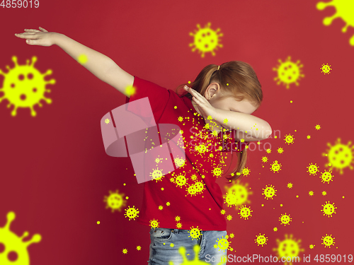 Image of How to sneezing right - caucasian girl dabbing, stop epidemic