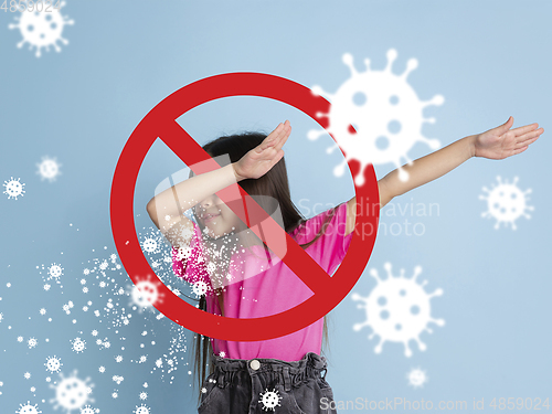 Image of How to sneezing right - caucasian girl dabbing, stop epidemic