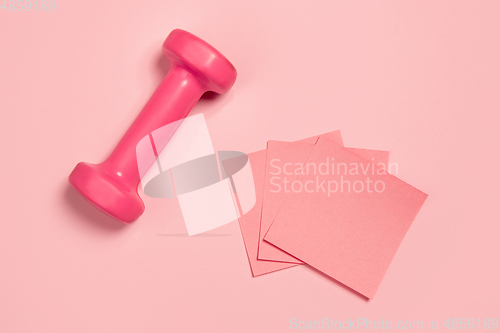 Image of Weight and paper stickers. Monochrome stylish composition in pink color. Top view, flat lay.