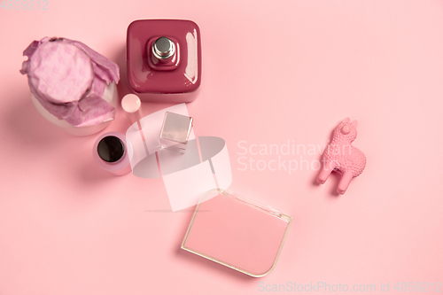 Image of Cosmetics, fashion. Monochrome stylish composition in pink color. Top view, flat lay.