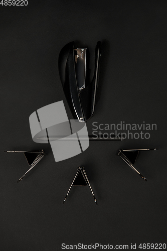 Image of Office things. Monochrome stylish composition in black color. Top view, flat lay.