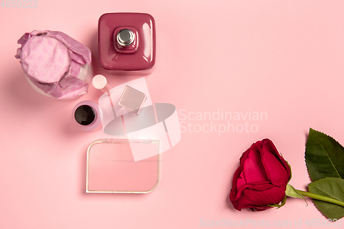Image of Cosmetics, fashion. Monochrome stylish composition in pink color. Top view, flat lay.