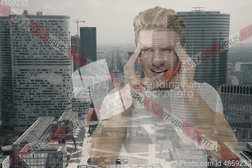 Image of Stressed man holding head with hands on abstract city background. Double exposure. Virus alert, coronavirus pandemic.