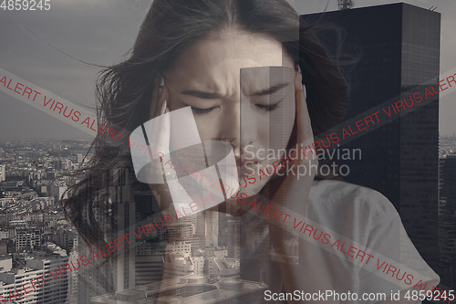 Image of Stressed woman holding head with hands on abstract city background. Double exposure. Virus alert, coronavirus pandemic.