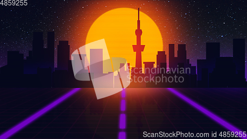 Image of Beautiful city evening, sunset, synth wave and retro wave, vaporwave futuristic aesthetics