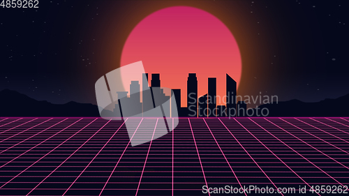 Image of Beautiful city evening, sunset, synth wave and retro wave, vaporwave futuristic aesthetics