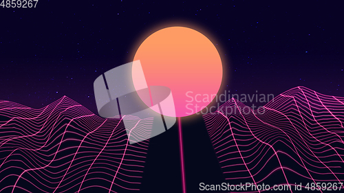 Image of Beautiful mountain evening, sunset, synth wave and retro wave, vaporwave futuristic aesthetics