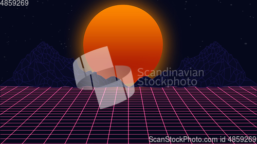 Image of Beautiful mountain evening, sunset, synth wave and retro wave, vaporwave futuristic aesthetics