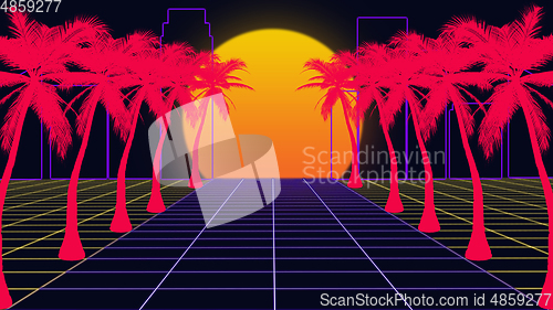 Image of Beautiful beach evening, sunset, synth wave and retro wave, vaporwave futuristic aesthetics