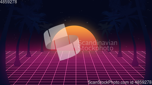 Image of Beautiful beach evening, sunset, synth wave and retro wave, vaporwave futuristic aesthetics