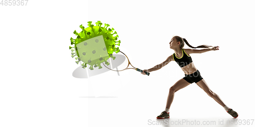 Image of Sportsgirl kicking, punching coronavirus, protection and treatment concept, flyer
