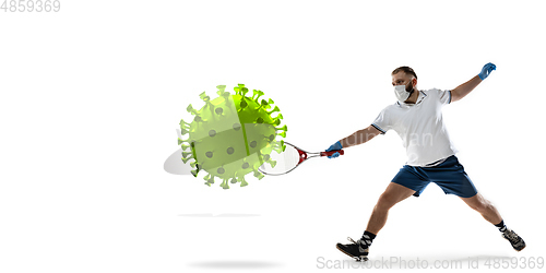 Image of Sportsman kicking, punching coronavirus, protection and treatment concept, flyer